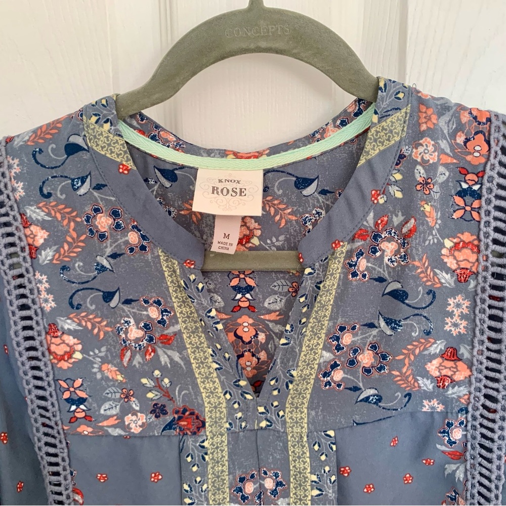 Knox Rose Blue Floral Lace-Trim Peasant Blouse - Picture 3 of 5